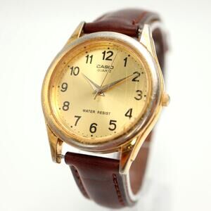 Casio Gold Tone Classic 36mm Dress Watch Brown Leather MTP-1093 w New Battery